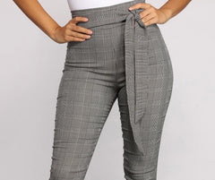 Poised In Plaid Tie Waist Skinny Pants